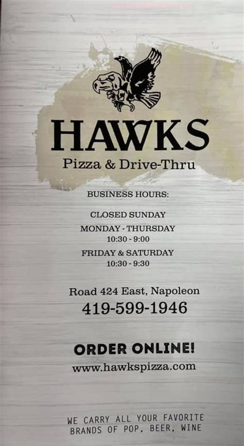 Hawks pizza - Hawks Pizza & Drive-Thru is located in Henry County of Ohio state. On the street of East Washington Street and street number is 402. To communicate or ask something with the place, the Phone number is (419) 599-1946. You can get more information from their website. The coordinates that you can use in navigation …